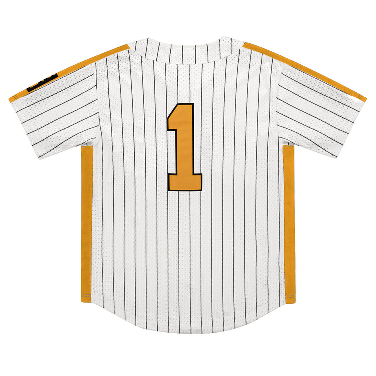 The EFF Osaka Tigers EFF Pinstripe Button Down Jersey features a white base, black pinstripes, gold side panels and accents, and a large gold number 1 outlined in black on the back.
