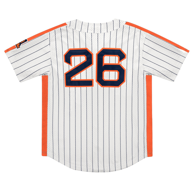 The EFF San Francisco Seals Pinstripe Button Down Jersey features thin blue stripes on white, orange side panels, and large navy/orange 26 on the back, plus a left sleeve patch inspired by the classic Seals style.