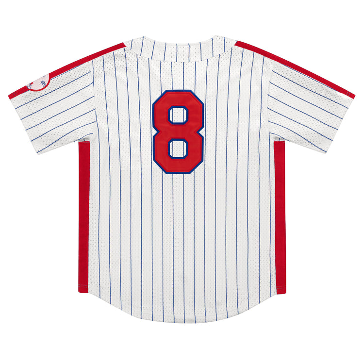 The EFF Reddy Kilowatt Pinstripe Button Down Jersey features blue pinstripes, red side panels, a large red number 8 outlined in blue on the back, and a small patch on the left sleeve.