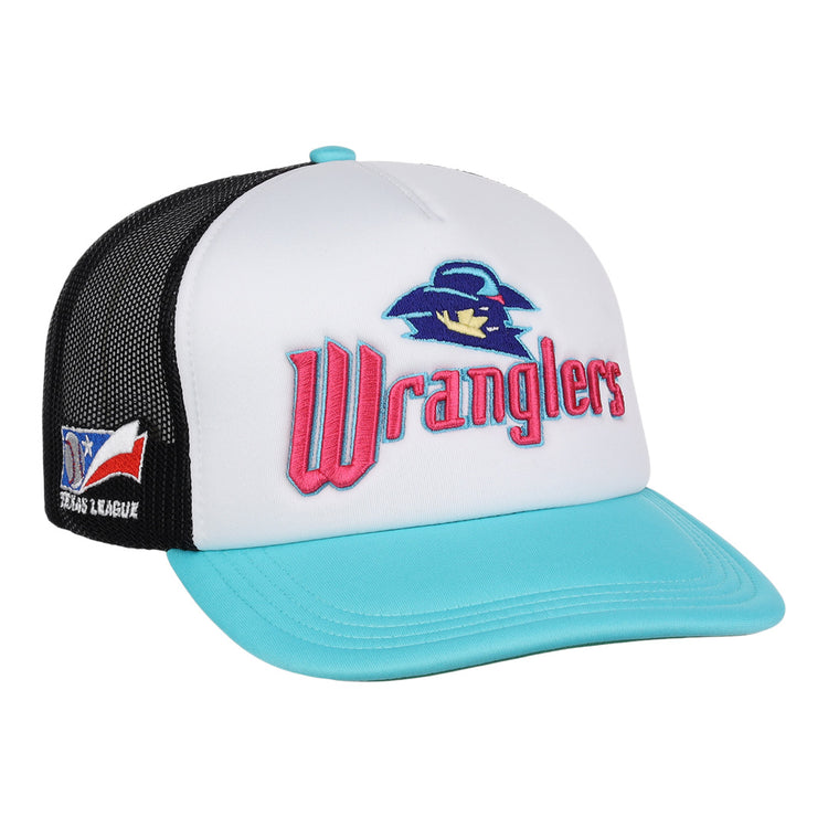 The Wichita Wranglers EFF MiLB Vintage Foam Trucker by EFF features a white front, light blue bill, black mesh back, red team text and bird logo, plus a Texas League flag patch for classic minor league style.