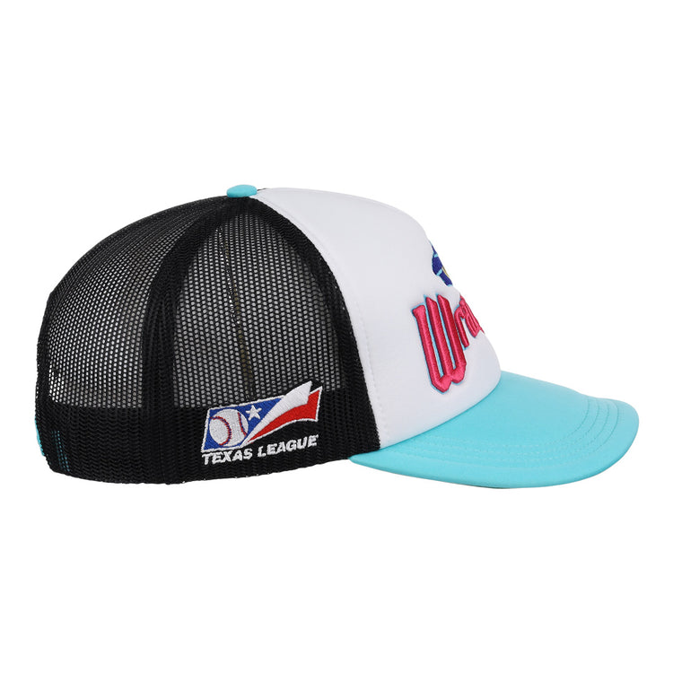 Side view of the Wichita Wranglers EFF MiLB Vintage Foam Trucker by EFF, with a white front, teal brim, black mesh back, and embroidered logos including Texas League and a baseball graphic on the mesh side.
