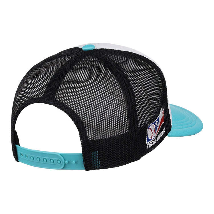 The EFF Wichita Wranglers MiLB Vintage Foam Trucker features a black mesh back, turquoise adjustable snap and brim, a side Texas Strong flag patch, and a solid white front panel inspired by classic Texas League style.