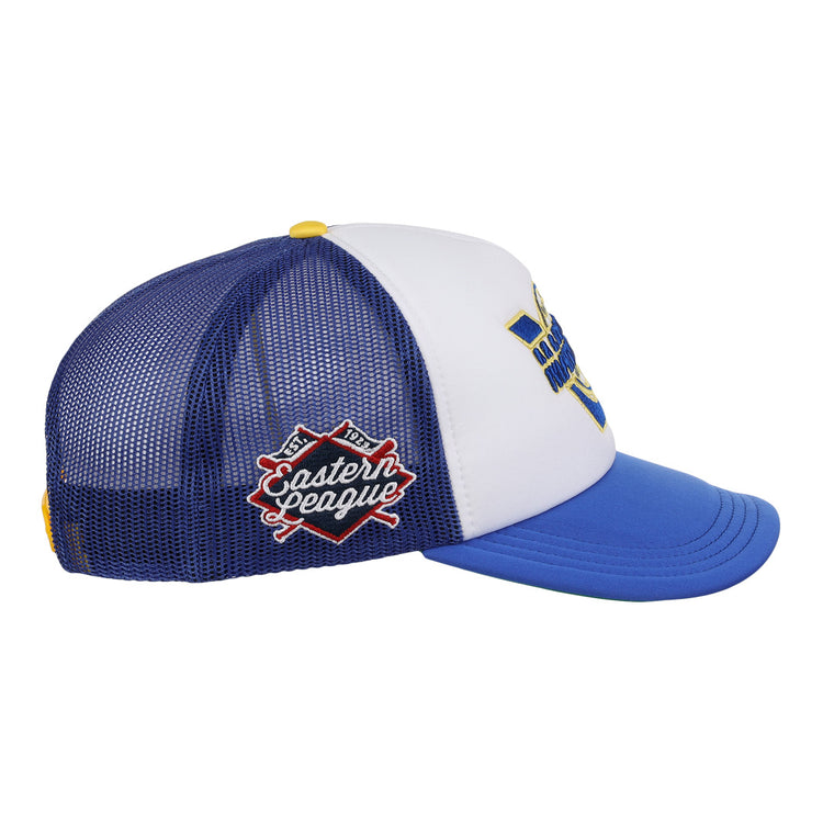 The EFF Vermont Mariners MiLB Vintage Foam Trucker is a blue and white mesh hat with a curved brim, featuring yellow front embroidery and a red-and-white patch, inspired by vintage Eastern League style.