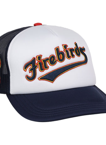 The Phoenix Firebirds EFF MiLB Vintage Foam Trucker by EFF features a white front, navy blue bill and mesh back, colorful Firebirds embroidery, and a flaming bird patch—honoring Pacific Coast League heritage.