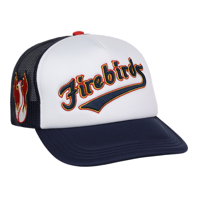 The Phoenix Firebirds EFF MiLB Vintage Foam Trucker by EFF features a white front, navy blue bill and mesh back, colorful Firebirds embroidery, and a flaming bird patchâhonoring Pacific Coast League heritage.