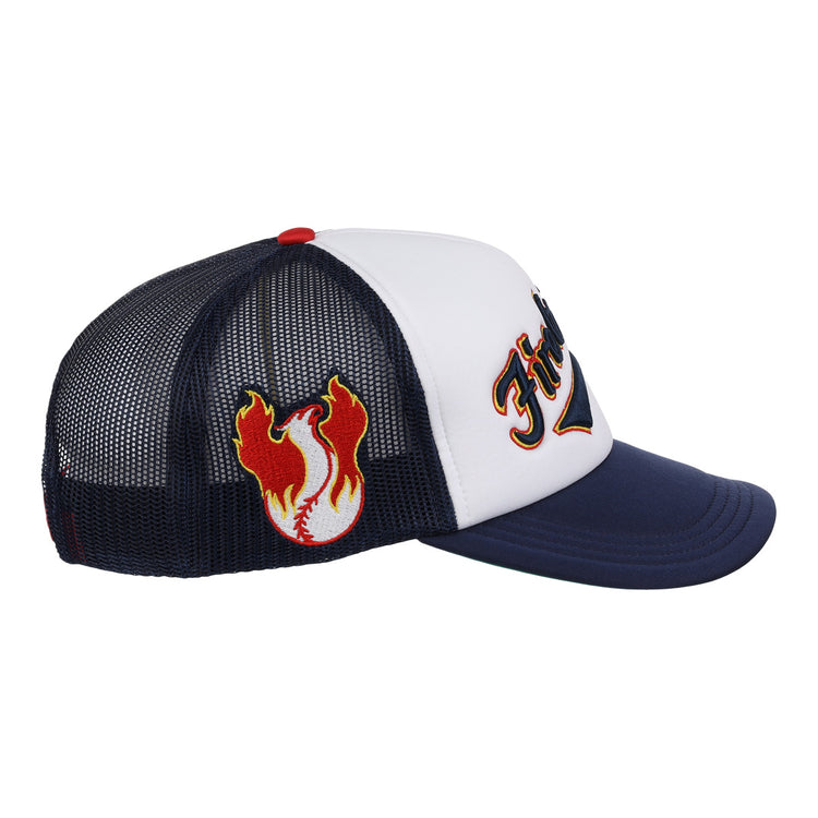 The EFF Phoenix Firebirds EFF MiLB Vintage Foam Trucker is a navy and white mesh-back hat with a flame graphic on the side and Fire on the front, inspired by classic Phoenix Firebirds caps.