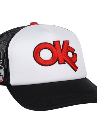 The Oklahoma City 89ers EFF MiLB Vintage Foam Trucker by EFF is a white and black snapback hat with a red OKC logo on the front and a small “Chilly Wolves” graphic embroidered on the side mesh panel, inspired by vintage minor league designs.