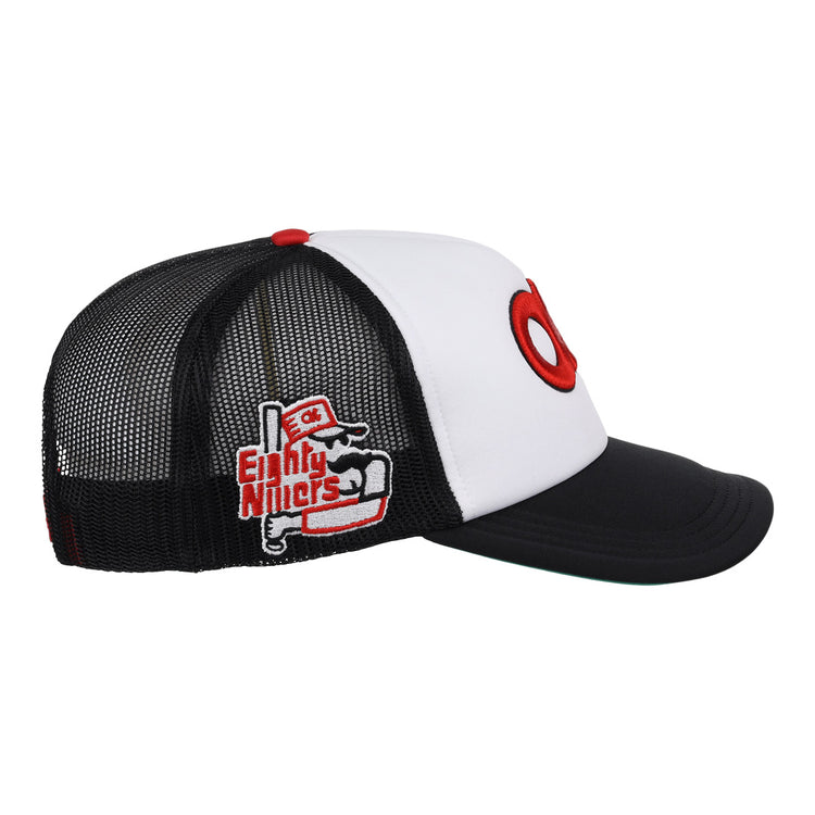 The EFF Oklahoma City 89ers Vintage Foam Trucker is a black and white mesh cap with a curved brim, bold red O on the front, embroidered Eighty Niners patch on the side, part of the MiLB Vintage collection.