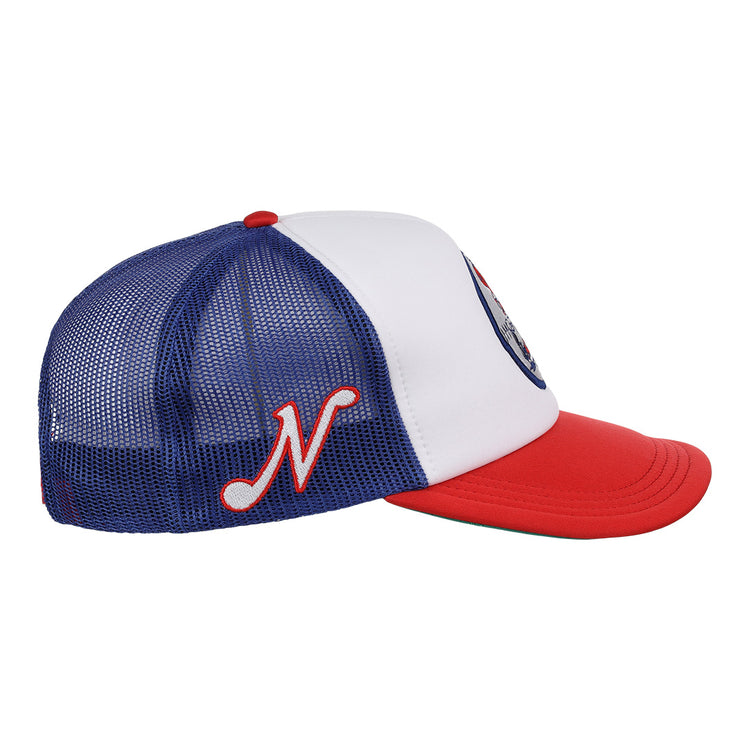 The Nashville Sounds EFF MiLB Vintage Foam Trucker by EFF is a blue mesh hat with a white front panel, red curved brim, embroidered red N with swoosh, and a colorful Vintage Minor League-inspired patch on the front.