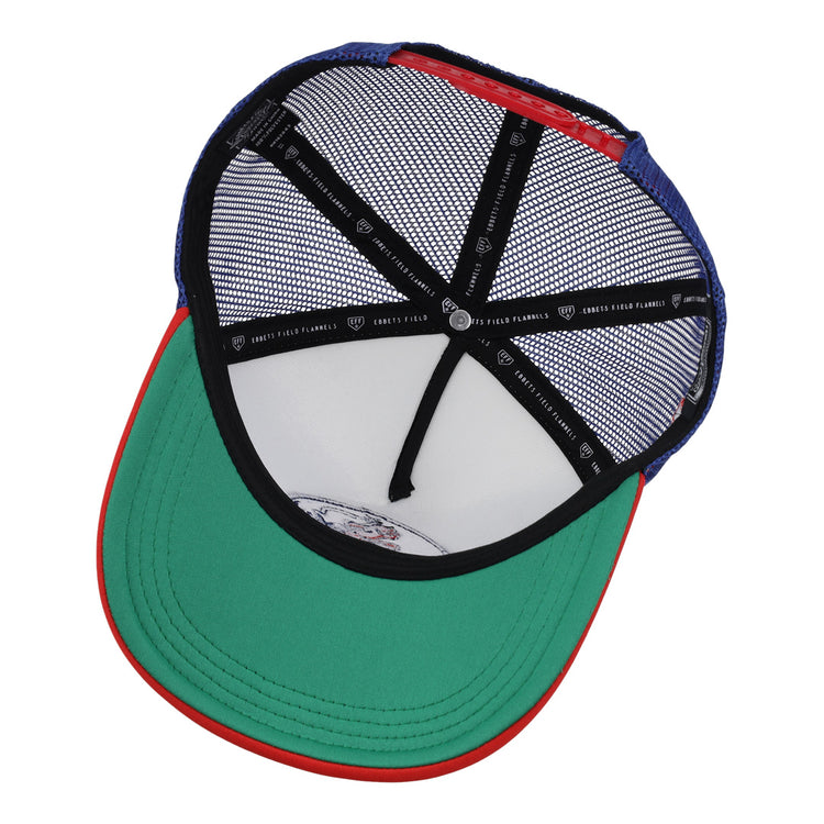 A top-down view of the inside of an EFF Nashville Sounds MiLB Vintage Foam Trucker cap, featuring a green brim, red trim, blue mesh sides, black sweatband with white logos and text, and chain-stitched embroidery.