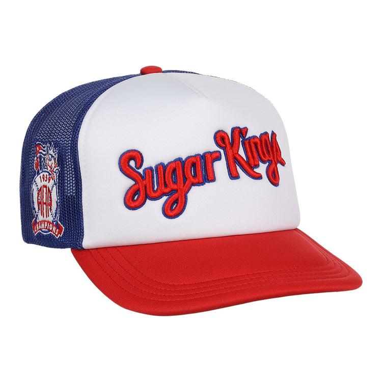The EFF Havana Sugar Kings MiLB Vintage Foam Trucker cap features red, white, and blue colors, âSugar Kingsâ embroidered in red on the front, and a patch honoring Havana baseball history with a crown, baseball, and 1954 on the side.