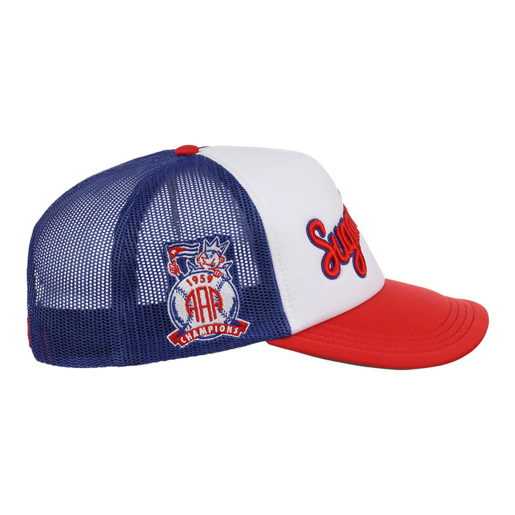 The EFF Havana Sugar Kings MiLB Vintage Foam Trucker hat has a blue, white, and red design with mesh back, 1959 AAA Champions patch, and red Syracuse scriptâideal for Havana baseball fans and vintage minor league collectors.