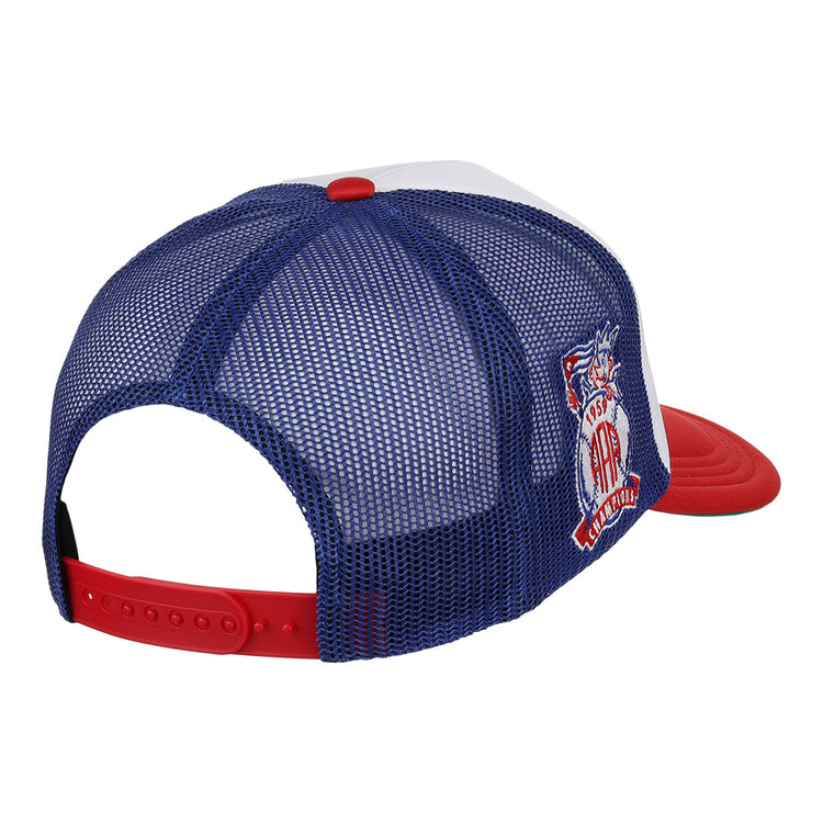 The EFF Havana Sugar Kings Vintage Foam Trucker features a red adjustable snapback, blue mesh sides and back, white front panel, red bill, and a colorful patch with statue and USA text celebrating Havana baseball history.
