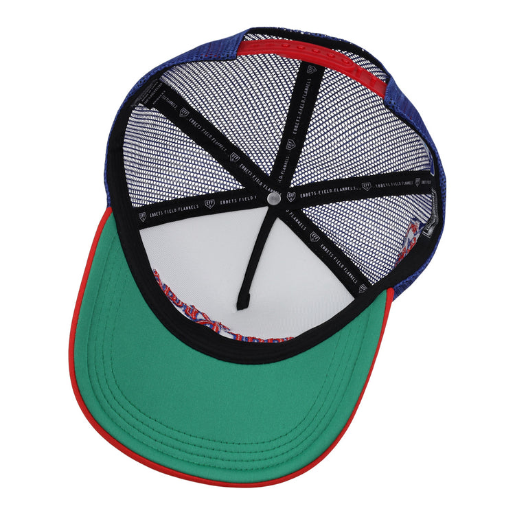 A look inside the Havana Sugar Kings EFF MiLB Vintage Foam Trucker by EFF shows a green brim with red edge, black sweatband, white mesh panels, blue sides, and detailed labelâcelebrating Havanas baseball heritage.
