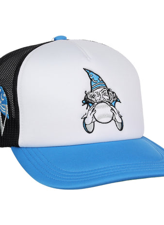 The EFF Fort Wayne Wizards MiLB Vintage Foam Trucker features a blue brim, white front, black mesh back, embroidered wizard with baseball, FW lettering, and a blue fish on the side—part of the Vintage Minor League collection.