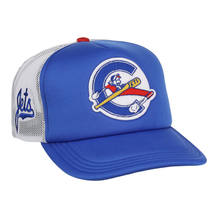 The EFF Columbus Jets MiLB Vintage Foam Trucker is a blue and white cap with a large hockey-inspired Chicago Cubs-style logo on the front and Jets in script on the mesh side panel, echoing classic Minor League style.