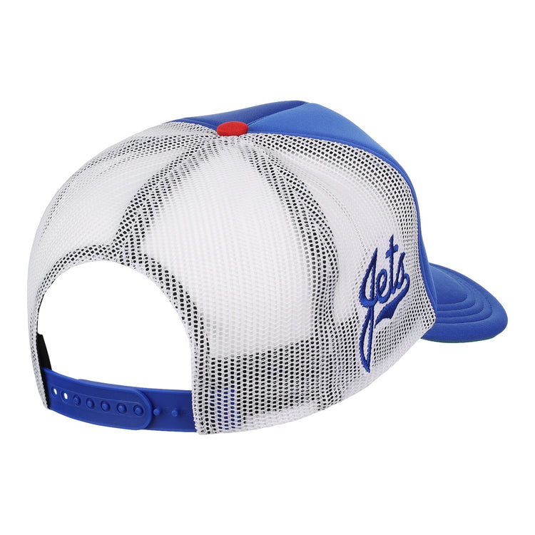A blue and white EFF Columbus Jets EFF MiLB Vintage Foam Trucker hat, viewed from the back, with an adjustable snapback and Jets embroidered in blue scriptâclassic style inspired by the vintage Columbus Jets cap.
