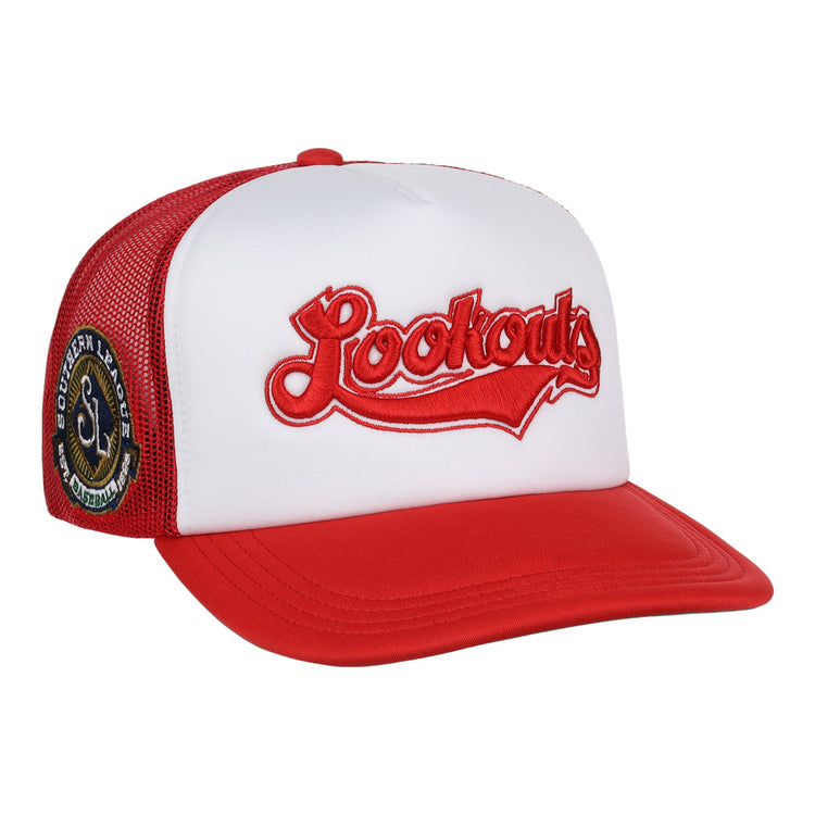 The Chattanooga Lookouts EFF MiLB Vintage Foam Trucker by EFF features a red and white design, Lookouts in red script on the front, a Southern League patch, red bill, mesh back, and is part of the Vintage Minor League collection.