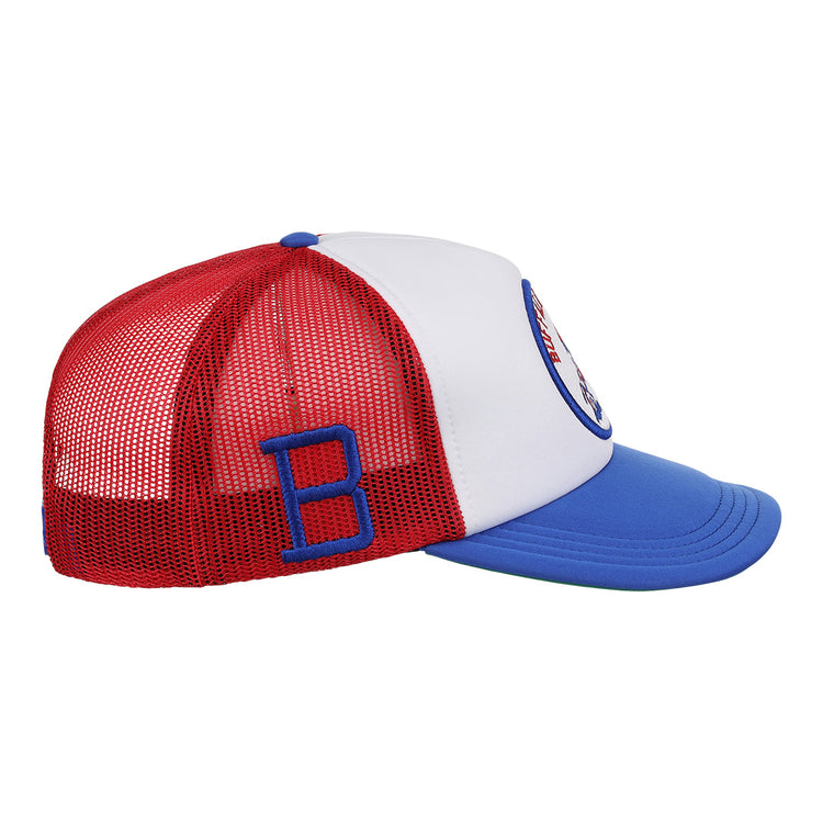 The EFF Buffalo Bisons MiLB Vintage Foam Trucker hat features a blue brim, white foam front, red mesh back, a blue B on the side, and a partially visible round patch on the front.