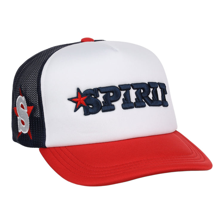 The EFF San Bernardino Spirit EFF MiLB Vintage Foam Trucker hat features a white front, red bill, navy mesh back, “SPIRIT” embroidered in navy with a red star, and an S with a red star—celebrating the San Bernardino Spirit.