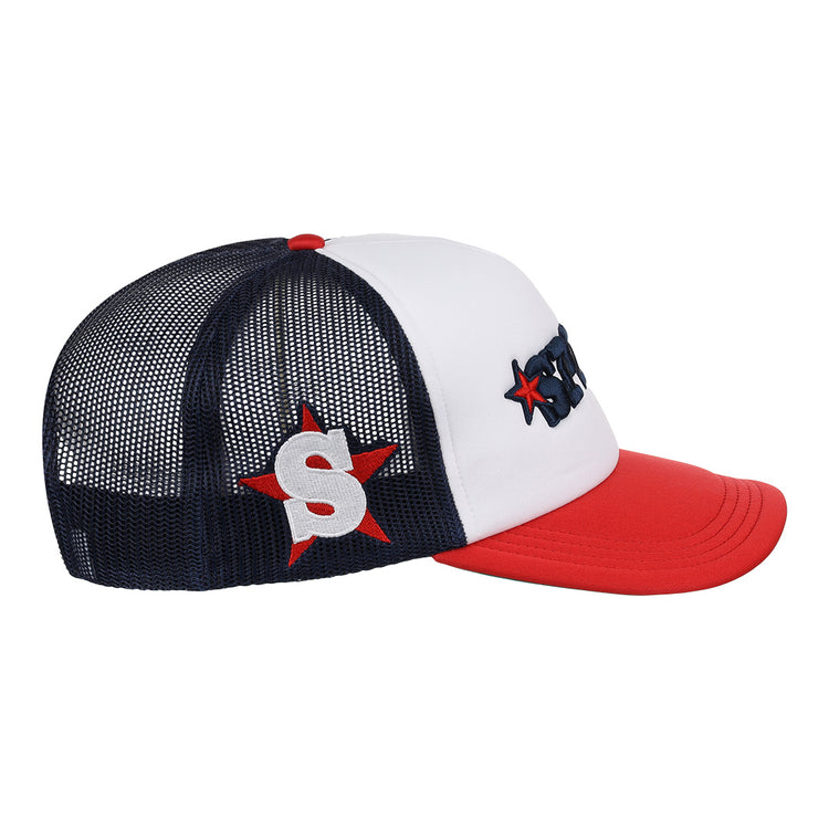 The EFF San Bernardino Spirit MiLB Vintage Foam Trucker is a snapback hat with a white front, red bill, black mesh back, red star with a white S on the side, and raised black letters and red star on the front.