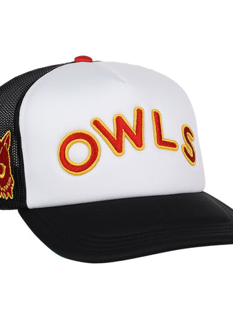 The EFF Topeka Owls EFF MiLB Vintage Foam Trucker hat has a white foam crown, black mesh sides and bill, bold yellow and red OWLS embroidery, and a yellow and red owl face patch on the side.