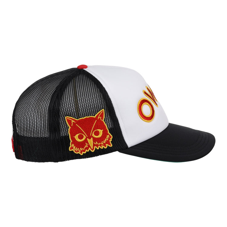 The EFF Topeka Owls MiLB Vintage Foam Trucker is a mesh snapback hat with a white front, black bill, gold and red owl patch on the side, and bold OWL letteringâcapturing classic Minor League style.