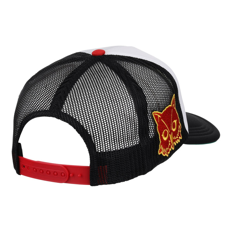 The EFF Topeka Owls MiLB Vintage Foam Trucker is a mesh snapback hat with a red adjustable strap, black mesh panels, white front, and a yellow-red embroidered Owls logoâa classic vintage Minor League look.