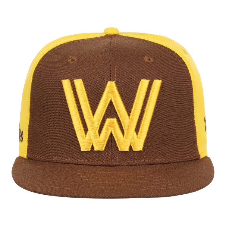 The Ebbets Field Flannels Walla Walla Padres EFF MiLB Vintage Snapback is a brown and yellow adjustable hat inspired by classic Minor League style.