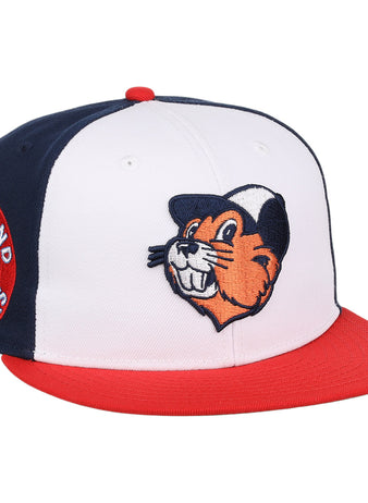 The Portland Beavers EFF MiLB Vintage Snapback by Ebbets Field Flannels features a red brim, white front panels, navy sides and back, a cartoon beaver logo, and a classic patch—part of the Vintage Minor League collection.