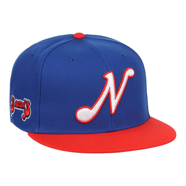 The Nashville Sounds EFF MiLB Vintage Snapback by Ebbets Field Flannels features a blue crown, red brim, 3D âNâ front logo, and Sounds stitched in red and white script on the side. Part of the Vintage Minor League collection.