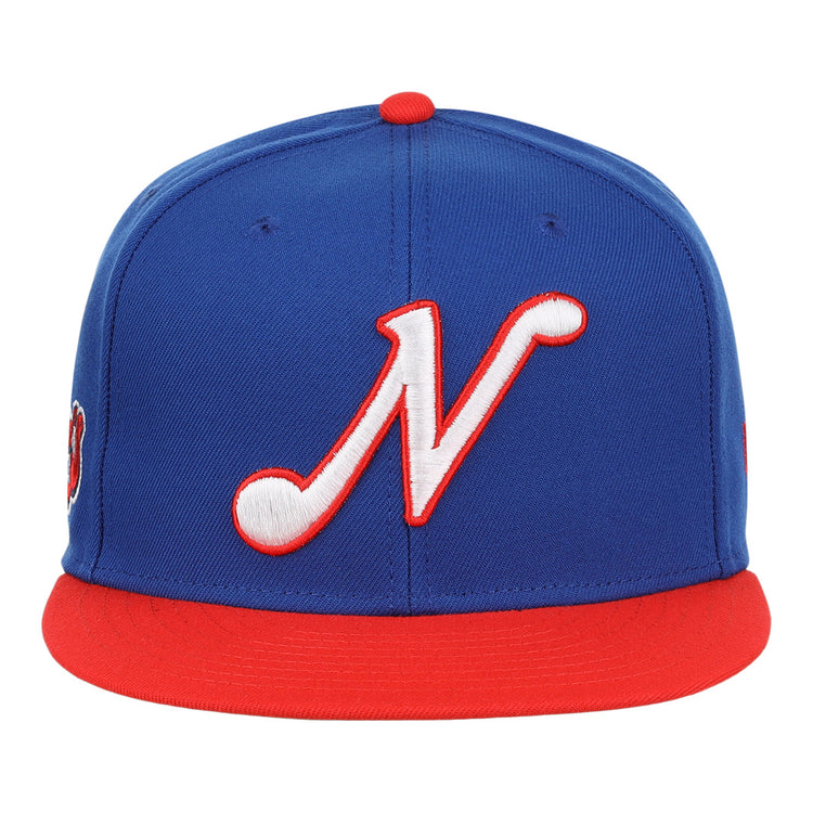 The Ebbets Field Flannels Nashville Sounds EFF MiLB Vintage Snapback features a blue crown, red brim, and a bold 3D white âNâ logo with red outline on the front.