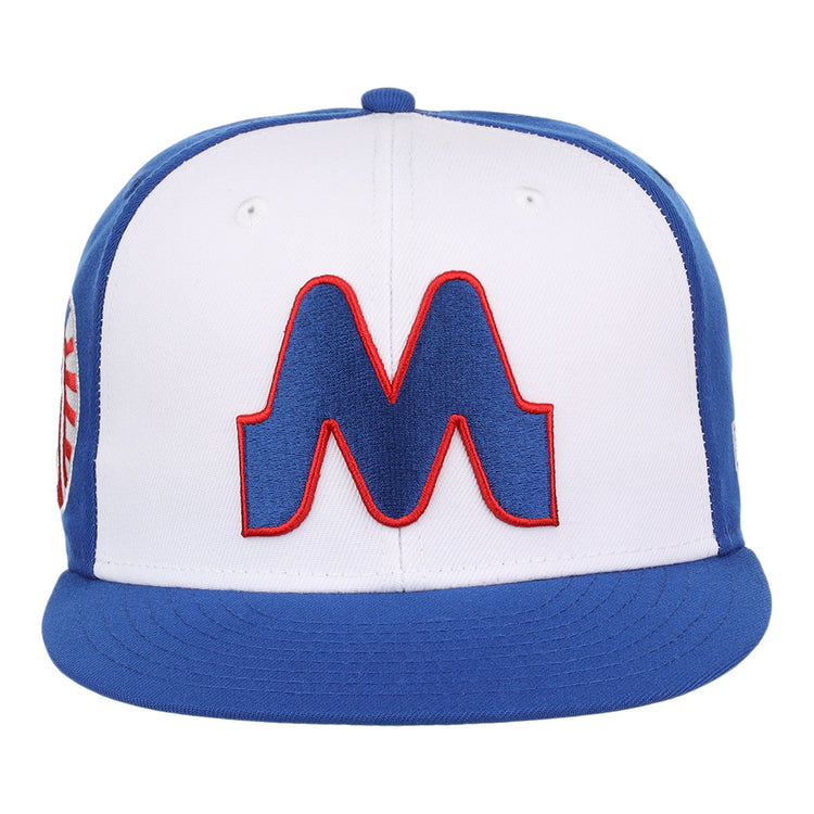 The Memphis Chicks EFF MiLB Vintage Snapback by Ebbets Field Flannels features a blue brim and panels, white front, and a bold blue and red M logoâpart of the Vintage Minor League collection with snapback adjustment.