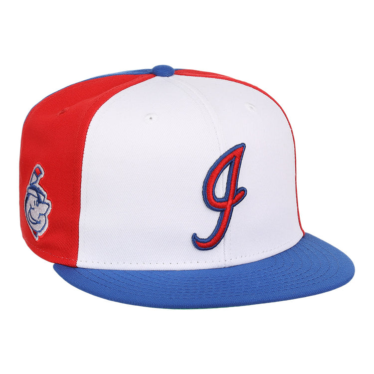 The Ebbets Field Flannels Indianapolis Indians EFF MiLB Vintage Snapback features a white front, red sides, blue brim and button, a stylized red and blue J on the front, and a cartoon baseball character from the Vintage Minor League collection on the side.