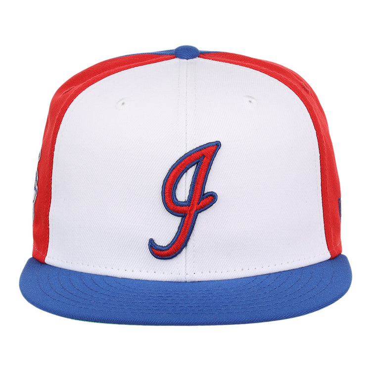 The Indianapolis Indians EFF MiLB Vintage Snapback by Ebbets Field Flannels features a white and red design, blue brim, adjustable snapback fit, and a blue/red embroidered J—part of the Vintage Minor League collection.