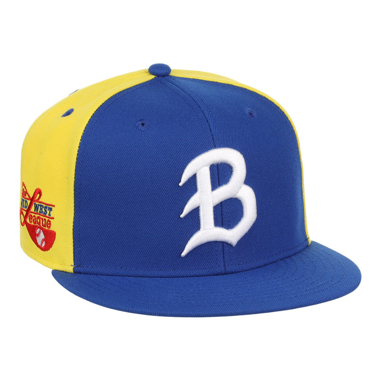 The Ebbets Field Flannels Burlington Bees EFF MiLB Vintage Snapback is a blue and yellow adjustable cap featuring a white B on the front and a Mid West League patch with baseball and bat on the side.