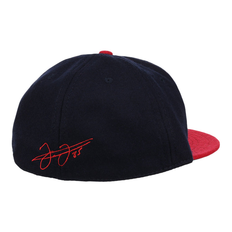 The Frank Thomas Signature Series Ballcap - Navy by Ebbets Field Flannels features a navy wool body, red brim and button, with a red embroidered signature and number 35—ideal for Chicago White Sox and Frank Thomas fans.