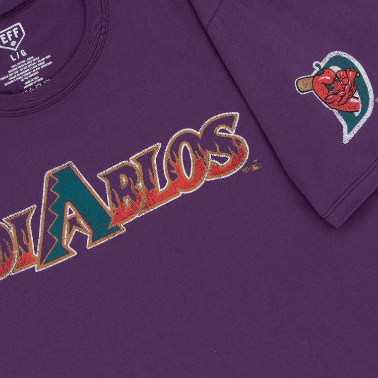 The El Paso Diablos EFF MiLB Vintage T-Shirt by Ebbets Field Flannels features bold “DIABLOS” lettering and a sleeve patch with a red baseball glove gripping a ball inside a “D”—a classic tribute to the vintage El Paso Diablos.