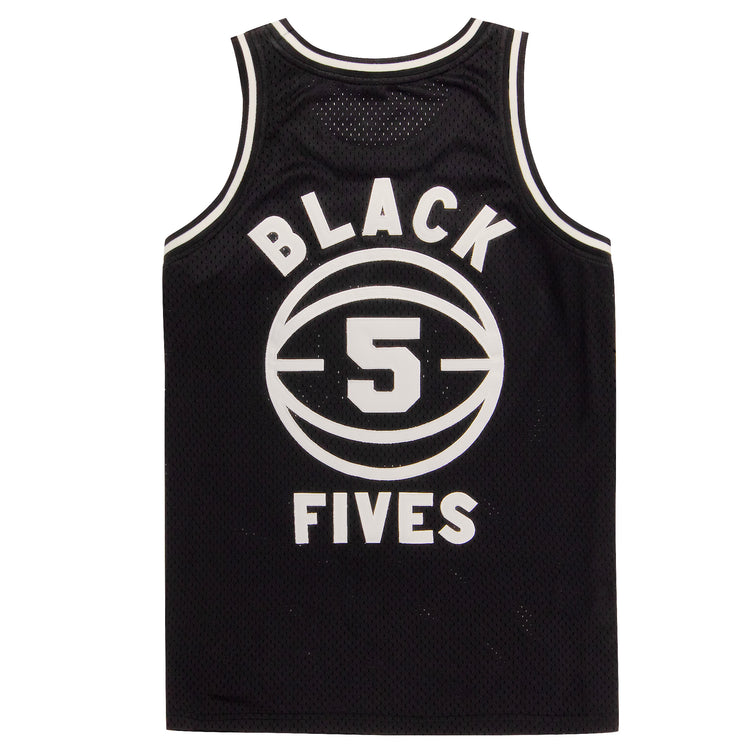 The EFF Black Fives Basketball Jersey is black with white trim, featuring BLACK FIVES and a large number 5 inside a basketball graphic on the back.