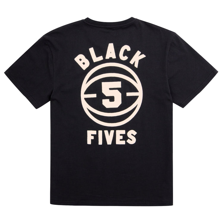 The Black Fives T-Shirt by Ebbets Field Flannels features a bold basketball graphic with the number 5 and âBLACK FIVESâ in white lettering, celebrating Black basketball history on the shirtâs back.