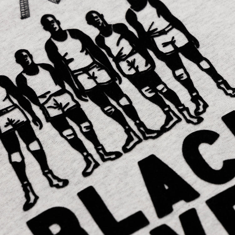 Black-and-white illustration of six basketball players in tank tops and shorts, with partial bold BLACK text underneath, featured on the EFF Black Fives Crewneckâa tribute to Black basketball history on light Ebbets Field Flannels fabric.
