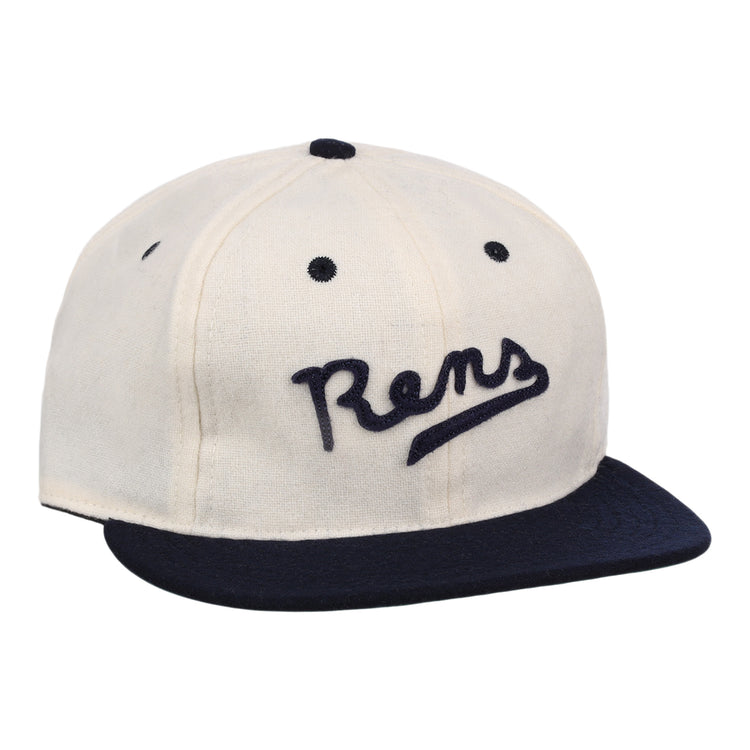 The New York Rens Wool Ballcap by Ebbets Field Flannels is a vintage-style white cap with a navy brim and Rens embroidered in script, celebrating Black basketball history and the legacy of the legendary team.