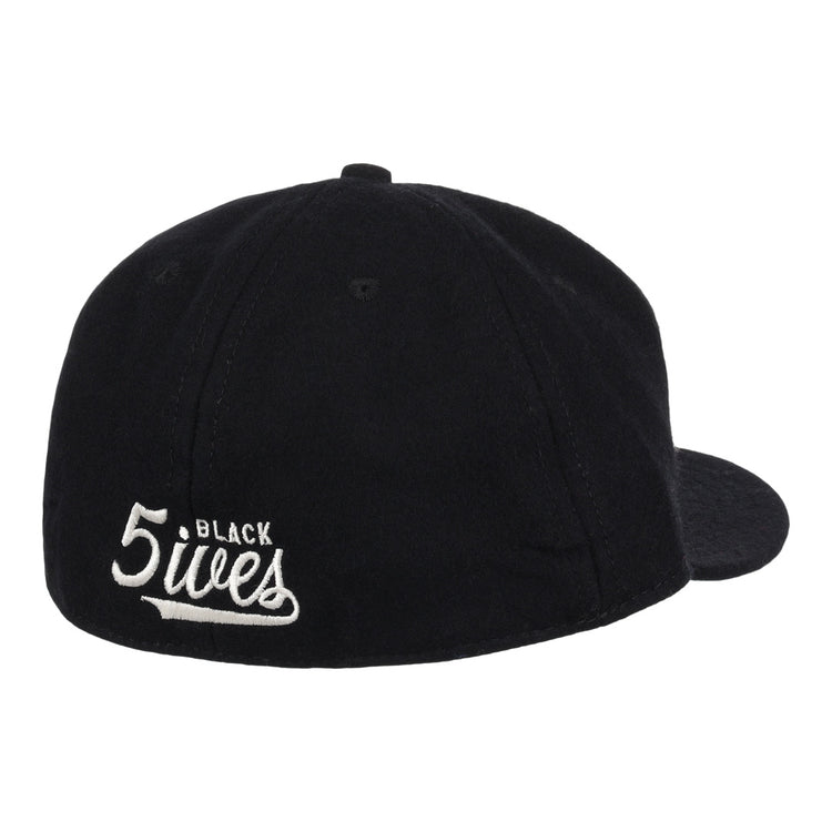 The Ebbets Field Flannels Black Fives Wool Ballcap features white embroidered BLACK 5ives text on the back, blending vintage ballcap style with Black Fives legacy.
