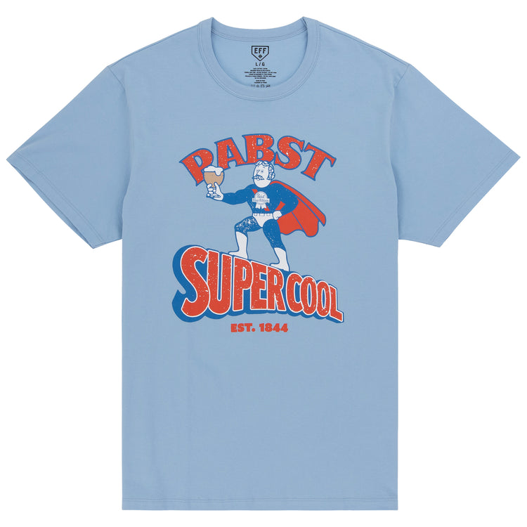 The PBR EFF Vintage Beer T-Shirt by Ebbets Field Flannels is a light blue tee with a cartoon superhero holding a beer and “Pabst Super Cool Est. 1844” in red, blue, and white, honoring Pabst Blue Ribbon’s Milwaukee legacy.
