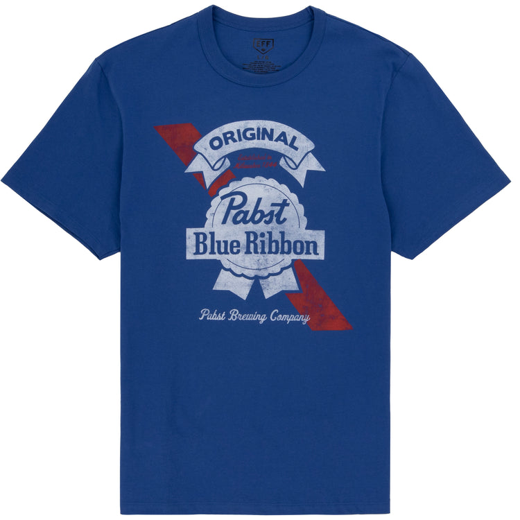 The PBR EFF Vintage Beer T-Shirt in Royal Blue by Ebbets Field Flannels showcases the iconic Pabst Blue Ribbon logo with a red stripe, Original text, and celebrates classic Milwaukee beer heritage.