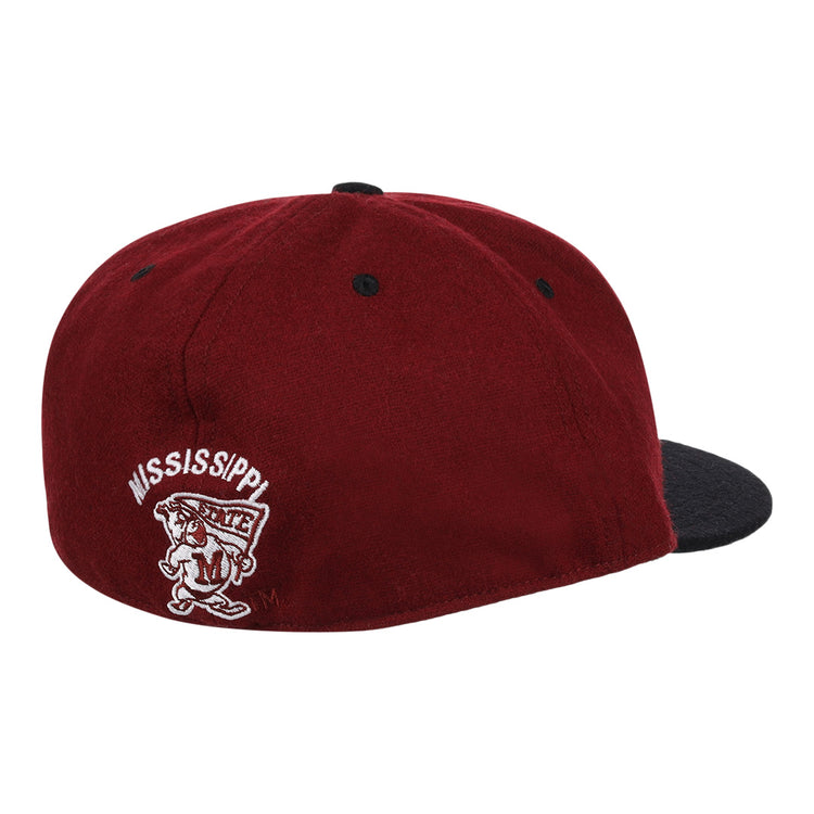 The EFF Mississippi State Bulldogs Collegiate Wool Ballcap features maroon and black colors, MISSISSIPPI and a bulldog mascot logo embroidered on the back left, plus black top button and eyelets for a classic college look.