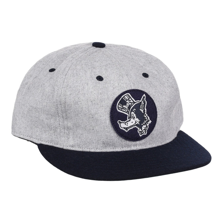 The EFF University of Nevada Wolf Pack Mascot Collegiate Wool Ballcap features a vintage gray crown, dark blue brim, and a front circular patch of a donkey in a hat—an officially licensed college vault design.