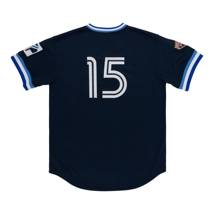 The Syracuse Chiefs EFF MiLB Vintage V-Neck Baseball Jersey by EFF features navy blue fabric, white number 15 on the back, blue and white striped sleeves, and International League patches on both sleeves.