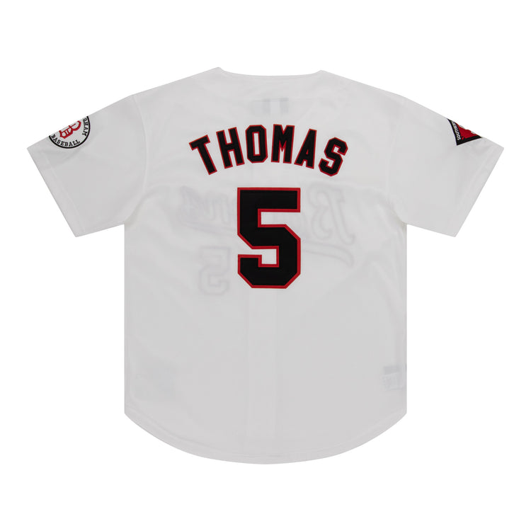 The EFF Birmingham Barons MiLB Button Down Jersey is a vintage-style white jersey with THOMAS and number 5 in black with red trim on the back, plus two sleeve patches—honoring classic Southern League baseball style.