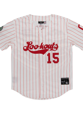The Chattanooga Lookouts EFF MiLB Button Down Jersey by EFF features red pinstripes, Lookouts in red script, number 15 below, and sleeve patches—a standout from the Vintage Minor League collection.